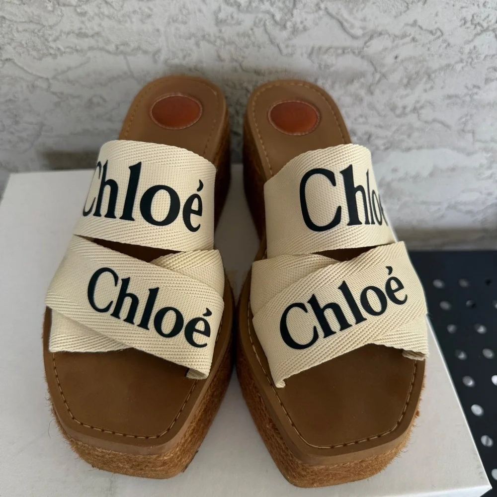 Chloe Woody Canvas Espadrilles Platform Sandals Size 41 EU 10 US White x Brown